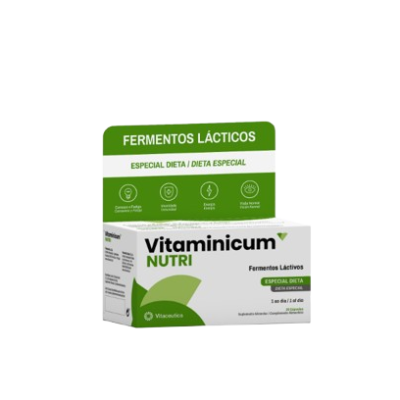 Embalagem de medicamento Vitaminicum Nutri com design branco e verde.