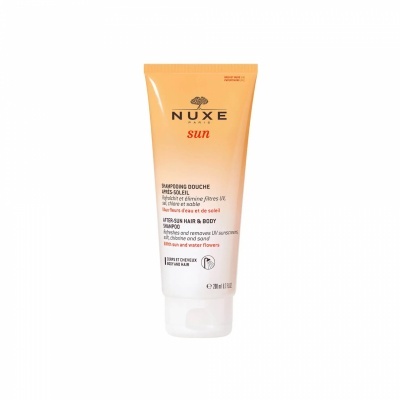 Embalagem tubo de shampoo e gel de limpeza NUXE Sun tons laranja e branco