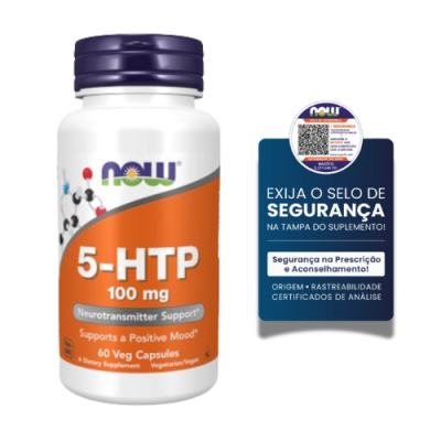 Frasco de suplemento 5-HTP 100 mg da NOW com selo de segurança azul