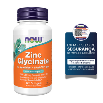 Frasco de suplemento Zinc Glycinate da NOW com selo de segurança