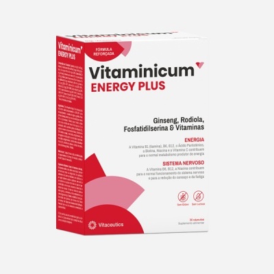 Embalagem do suplemento Vitamnicum Energy Plus branca e vermelha com texto descritivo