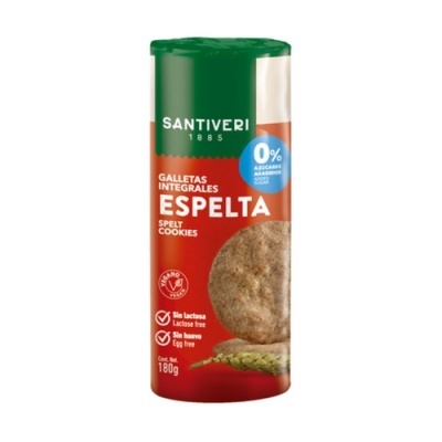 Pacote cilíndrico vermelho e verde de biscoitos integrais de espelta Santiveri
