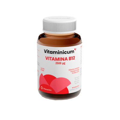Frasco de suplemento Vitamínicum Vitamina B12 2500 µg com rótulo branco e vermelho