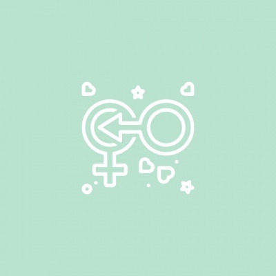 Símbolos masculino e feminino unidos com corações e estrelas brancos sobre fundo verde-água claro