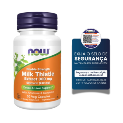 Frasco de suplemento Milk Thistle Extract com selo de segurança ao lado