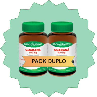 Dois frascos de suplemento de guaraná com rótulo branco e tampa verde, selo PACK DUPLO