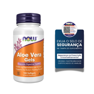 Frasco de suplemento Aloe Vera Gels NOW com selo de segurança azul ao lado