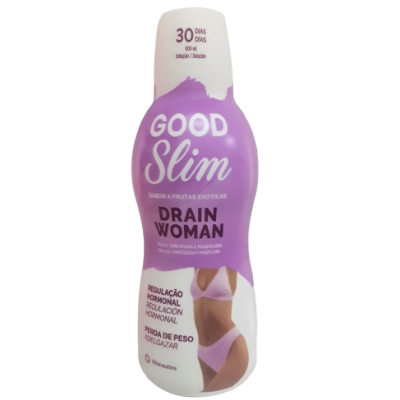Frasco roxo de suplemento dietético Good Slim Drain Woman com tampa branca e imagem de mulher