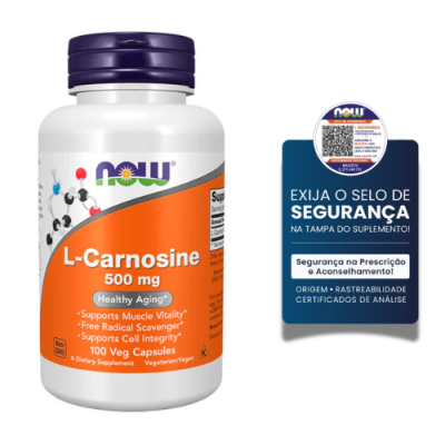 Frasco de suplemento L-Carnosine 500 mg da NOW com selo de segurança em português