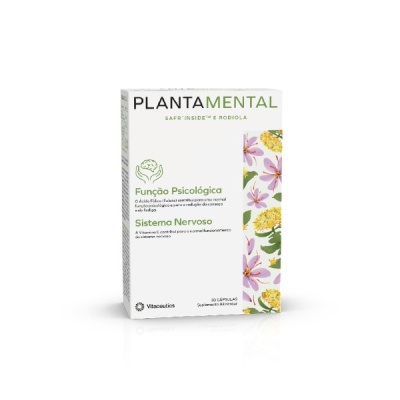 Embalagem branca com flores coloridas e texto verde e preto plantaMENTAL suplemento