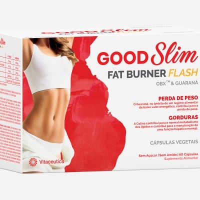 Embalagem branca e vermelha do suplemento GOOD Slim Fat Burner Flash com texto em português e imagem de mulher com roupa desportiva branca