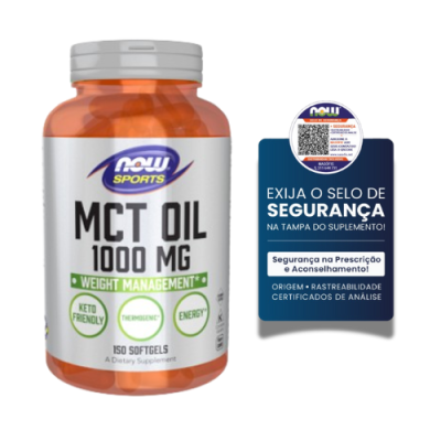 frasco de suplemento MCT Oil 1000 MG da NOW Sports com selo de segurança