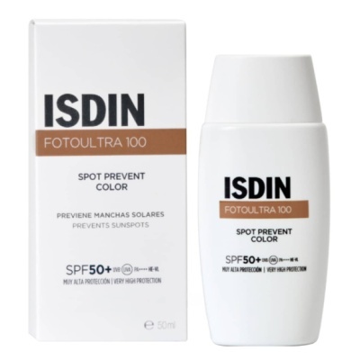 ISDIN FOTOLULTRA 100 SPOT PREVENT COLOR embalagem e frasco branco com texto preto e detalhes em marrom