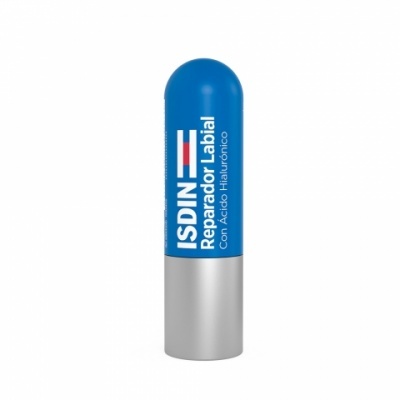 Bálsamo labial reparador ISDIN azul e prateado com texto branco