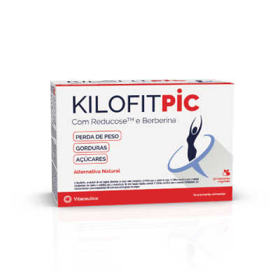 Caixa de medicamento KILOFIT PIC branca com texto em vermelho e azul