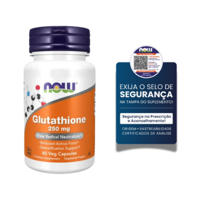 Frasco de suplemento NOW Glutathione 250 mg com selo de segurança.