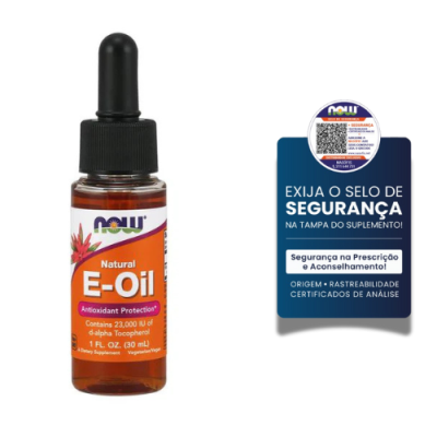 Suplemento Natural E-Oil da NOW em frasco com conta-gotas e selo de segurança em português