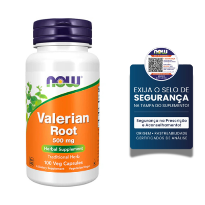 Frasco de suplemento Valerian Root 500 mg com texto sobre selo de segurança