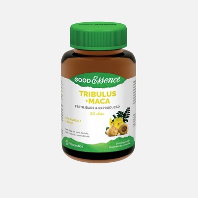Frasco de suplemento GOOD Essence Tribulus + Maca com tampa verde