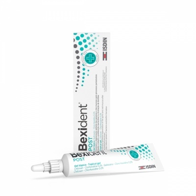 Tubo de gel Bexident POST com caixa branca, azul-turquesa e cinzenta