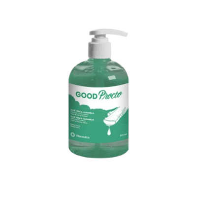 Frasco plástico verde com doseador branco e rótulo GOOD Practo