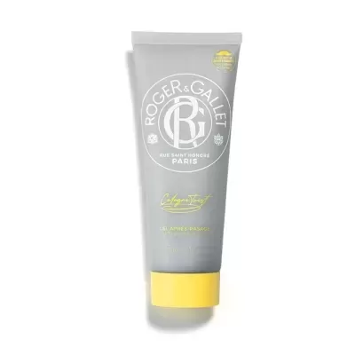 Frasco cinza com tampa amarela com texto Roger & Gallet Paris