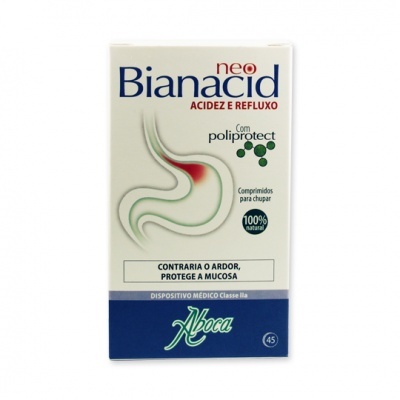 Embalagem do medicamento neo Bianacid para acidez e refluxo com texto e logo Aboca