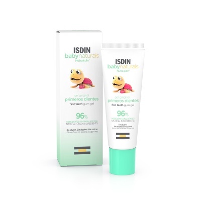 Gel para gengivas ISDIN babynaturals primeiros dentes com 96% ingredientes naturais e imagem de tartaruga