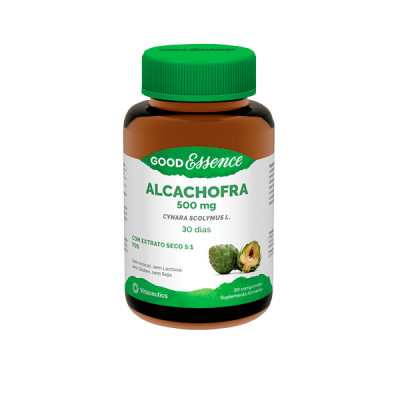 Frasco de suplemento alimentar Alcachofra 500 mg Good Essence com tampa verde e rótulo branco e verde