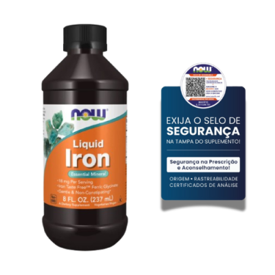frasco suplemento líquido de ferro Liquid Iron NOW com selo de segurança