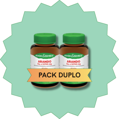 Dois frascos de suplemento Arando Good Essence com tampa verde e rótulo branco, sobre fundo verde claro em forma de selo, faixa amarela com texto PACK DUPLO