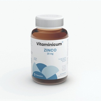 Frasco de suplemento Vitamincum Zinco 20 mg com rótulo branco e azul
