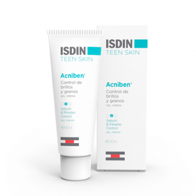 Produto ISDIN TEEN SKIN Acniben gel creme em tubo branco com embalagem ao lado.