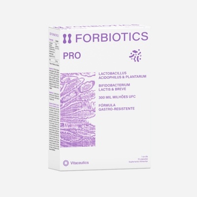 Embalagem branca com texto roxo do produto FORBIOTICS PRO