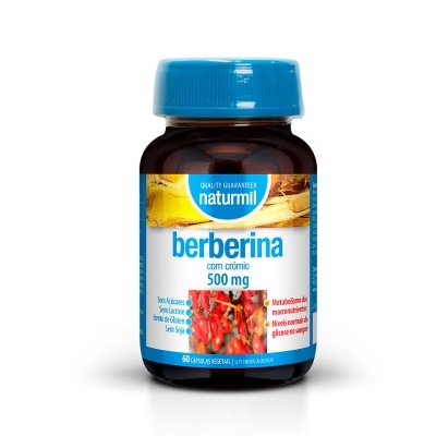 Frasco de suplemento alimentard berberina com crómio 500 mg naturmil com tampa azul e rótulo branco e azul