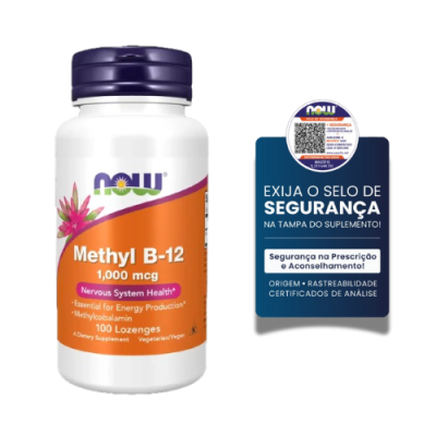 Frasco de suplemento NOW Methyl B-12 com selo de segurança