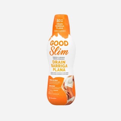 Frasco de suplemento GOOD Slim com rótulo branco e laranja