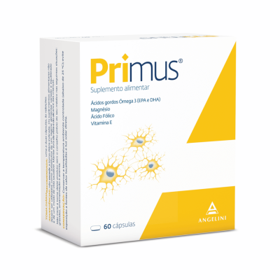 Embalagem de suplemento alimentar Primus com 60 cápsulas, em branco e amarelo