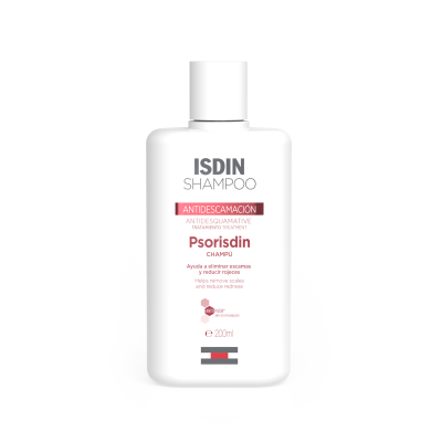 Frasco branco de shampoo ISDIN Psorisdin antidescamacão 200ml