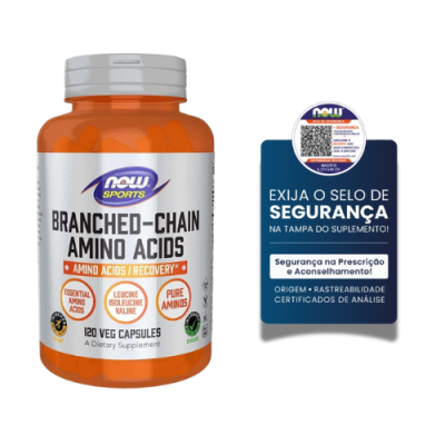 Frasco de suplemento de aminoácidos de cadeia ramificada da NOW Sports com selo de segurança