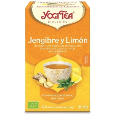 Caixa de chá Yogi Tea Jengibre y Limón laranja com imagem de chá, gengibre, limão e hortelã