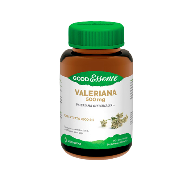 Frasco de suplemento alimentar de Valeriana 500 mg Good Essence com tampa verde