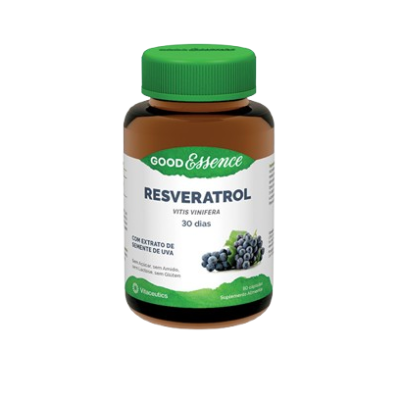 Frasco de suplemento resveratrol com rótulo branco e tampa verde
