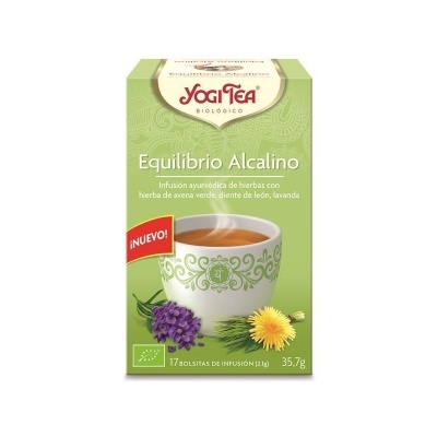 Caixa de chá Yogi Tea Equilibrio Alcalino com infusão ayurvédica e imagens de chávena e flores