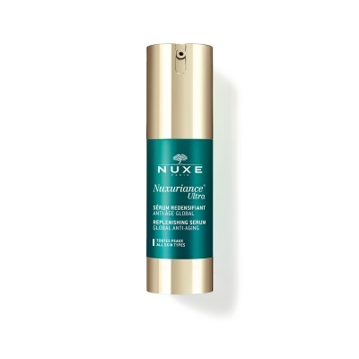 Frasco de sérum anti-idade Nuxe Nuxuriance Ultra azul e dourado