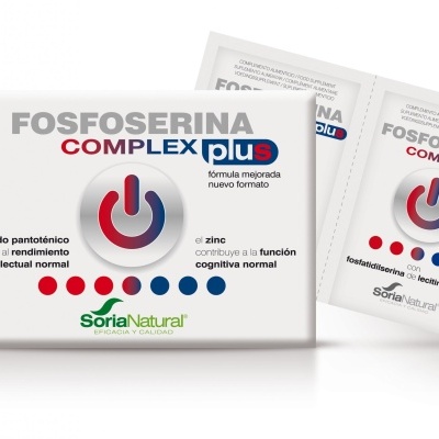 Embalagem branca do suplemento Fosfoserina Complex plus da Soria Natural com saquetas ao lado