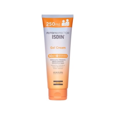 Frasco de gel creme protetor solar ISDIN com fator 50+