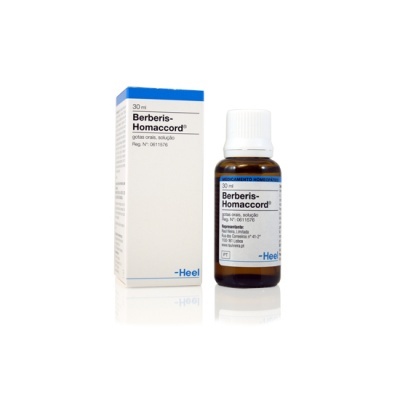 Frasco de medicamento Berberis-Homaccord com caixa correspondente