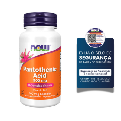 Frasco de suplemento NOW Pantothenic Acid 500 mg com selo de segurança