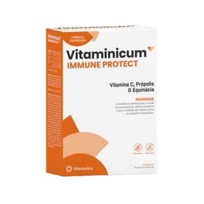 Embalagem de suplemento Vitaminicum Immune Protect com design branco e laranja